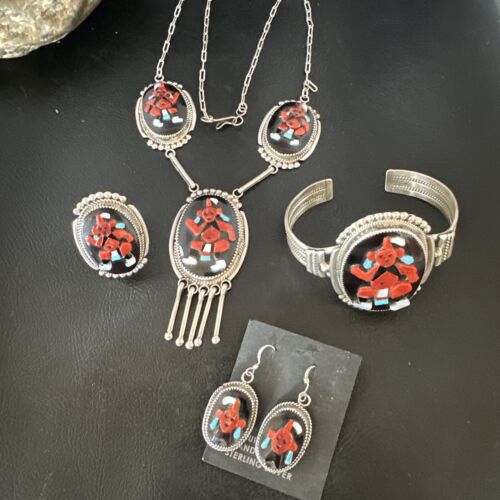 Native American Zuni Inlay Necklace Earrings Bracelet Set | Turquoise Onyx Coral | Sterling Silver | 16168