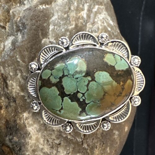 Navajo Green Spiderweb Turquoise Ring | Sterling Silver | Sz 10.5 | Authentic Native American Handmade | 15503