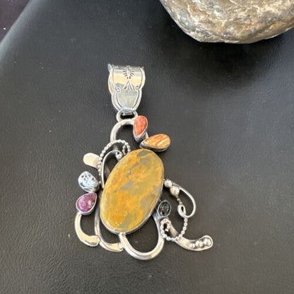 Navajo Sterling Silver Spiny Bumblebee Necklace Pendant | Multi-Stone | Authentic Native American Handmade | 16106
