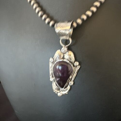 Navajo Purple Sugilite Pendant with Pearls | Sterling Silver Bead Necklace | Authentic Native American Handmade | 15413