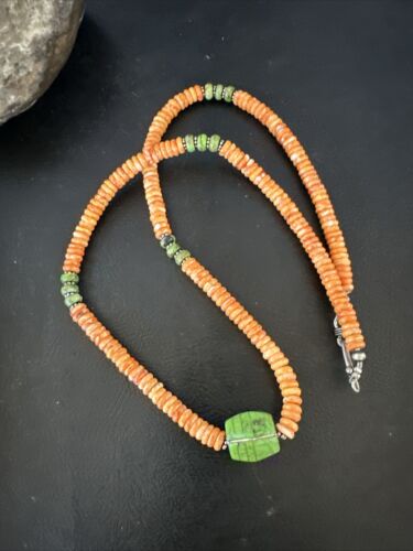 Navajo Green Turquoise & Orange Spiny Oyster Pendant | Sterling Silver | Authentic Native American Handmade | 17484