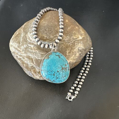 Men's Navajo Blue Spiderweb Turquoise Pendant Necklace | Sterling Silver | Authentic Native American Handmade | 16228
