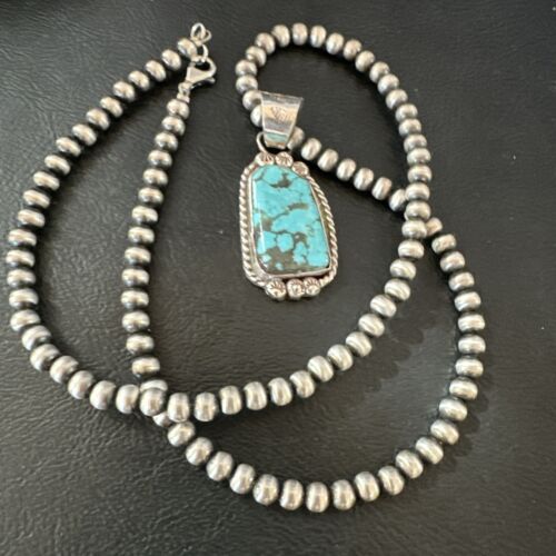 Men's Blue Spiderweb Turquoise Pendant Necklace | Navajo Sterling Silver | Authentic Native American Handmade | 17118