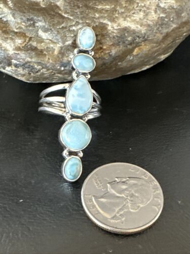 Navajo Women's Cluster Blue Larimar Ring | Authentic Native American Sterling Silver | Multi-Stone | Sz 8 | 16158