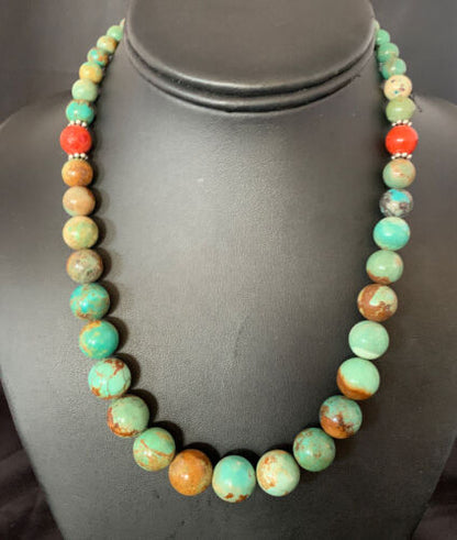 Navajo Green Turquoise & Apple Coral Graduated Necklace | Sterling Silver | Authentic Native American | 18" | 13200
