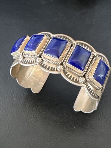 Navajo Blue Lapis 5 Stone Cuff Bracelet | Sterling Silver | XL Men's | Authentic Native American Handmade | 15861