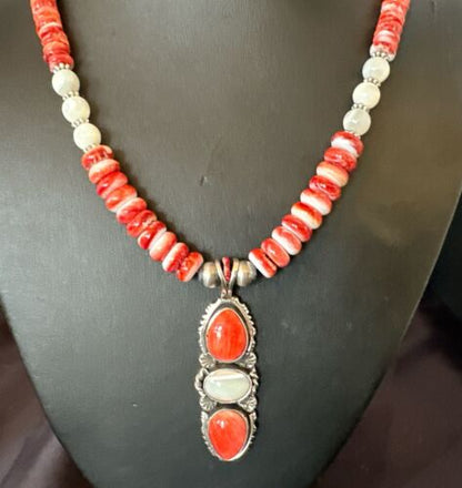 Navajo Red Spiny Oyster Mother of Pearl Pendant Necklace | Sterling Silver | Native American Handmade | 17658