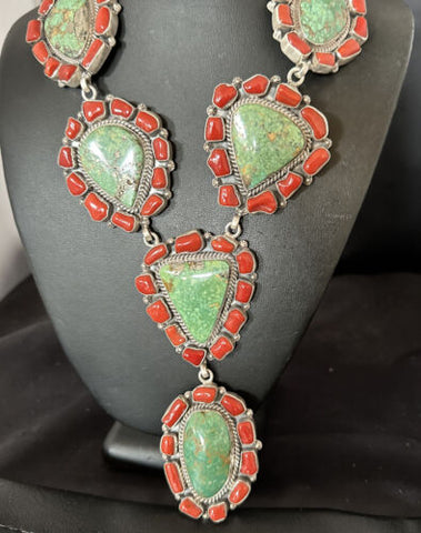 XXL Cluster Green Turquoise and Coral Lariat Necklace Pendant Navajo 23