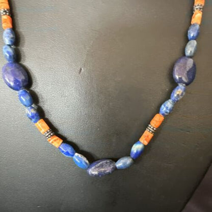 Men's Lapis & Orange Spiny Oyster Navajo Pearls Sterling Silver Necklace 18" | Handmade 17501
