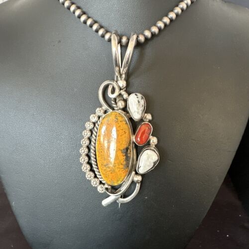 Navajo Bumblebee Jasper & White Buffalo Sterling Silver Pendant Necklace | 21" | Handmade | 15948