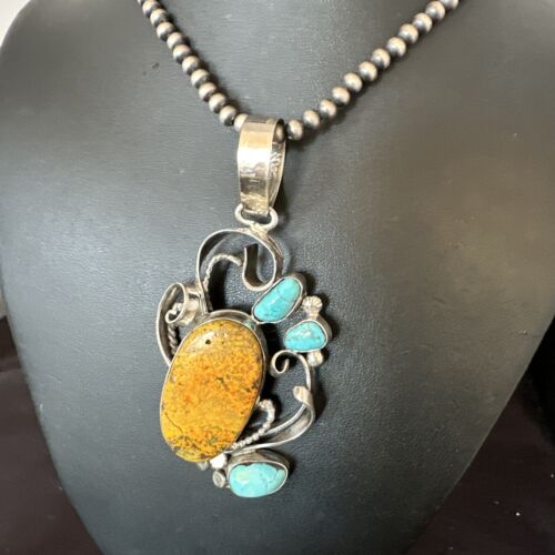 Bumblebee Jasper Turquoise Multi-Stone Pendant | Sterling Silver Necklace | Authentic Native American Handmade | 15947 - Masha USA