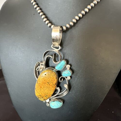 Bumblebee Jasper Turquoise Multi-Stone Pendant | Sterling Silver Necklace | Authentic Native American Handmade | 15947 - Masha USA