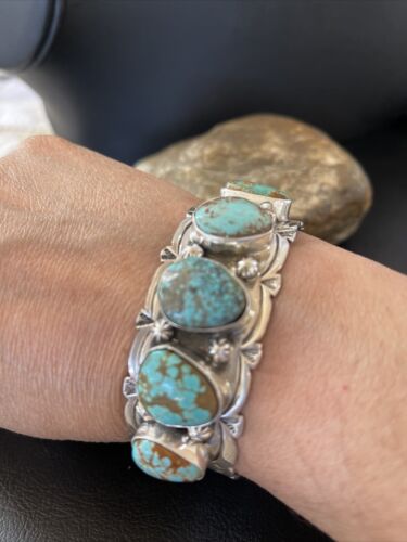 Navajo Blue #8 Turquoise Cuff Bracelet | Sterling Silver | 5 Stones | Authentic Native American Handmade | 01884