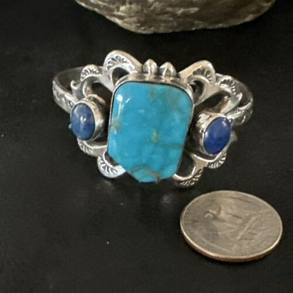 Kingman Turquoise Lapis Cuff Bracelet | Navajo Sterling Silver Tufa Cast | Authentic Native American Handmade | 16781
