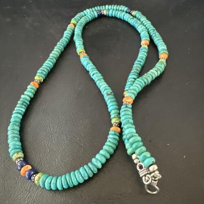 Navajo Blue Turquoise Spiny Oyster Necklace | Sterling Silver | 31" | Authentic Native American Handmade | 17487