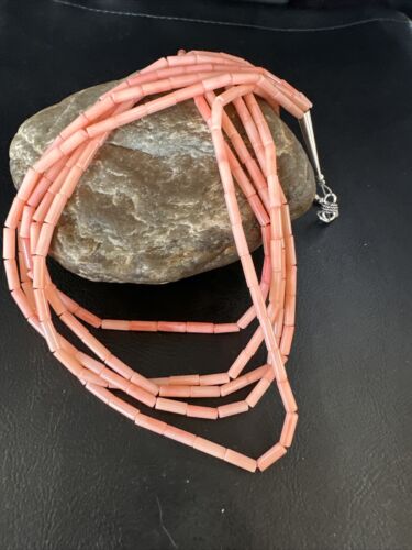 Navajo Pink Coral Tube Heishi Bead Necklace | 5-Strand Sterling Silver | 18" | Authentic Native American Handmade | 15278 - Masha USA
