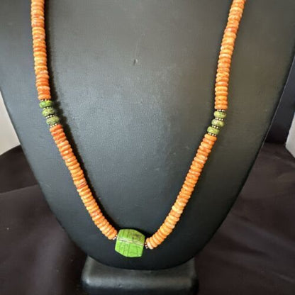 Navajo Green Turquoise & Orange Spiny Oyster Pendant | Sterling Silver | Authentic Native American Handmade | 17484
