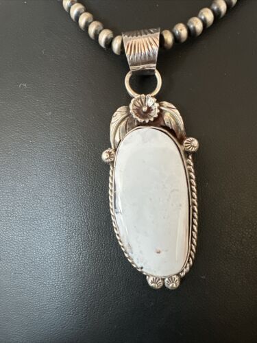 Navajo White Buffalo Turquoise Pendant Necklace | Sterling Silver | Authentic Native American Handmade | 15616