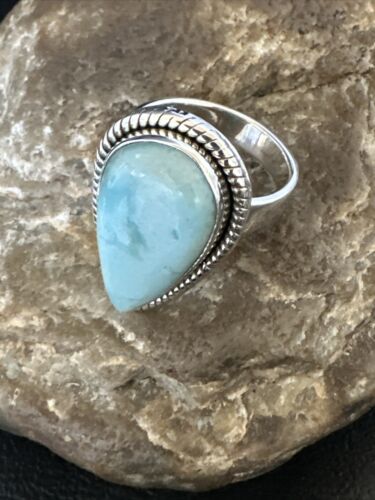 Navajo Blue Larimar Ring | Sterling Silver | Sz 9 | Authentic Native American Handmade | 17591 - Masha USA
