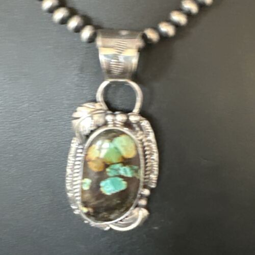 Navajo Blue Spiderweb Turquoise Pendant | Sterling Silver Necklace | 18" Pearls | 15093
