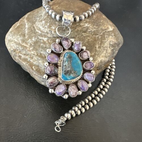 Purple Charoite Turquoise Pendant | Navajo Pearls | Sterling Silver Necklace 21" | Multi-Stone 17190