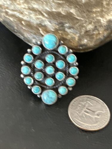 Navajo Blue Turquoise Cluster Ring | Authentic Native American Sterling Silver | Multi-Stone | Adjustable | Sz 7 | 16325