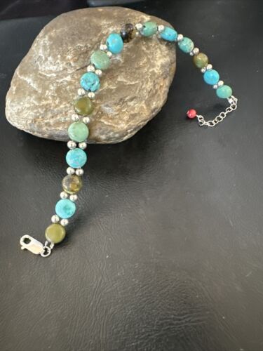 Women's Blue Turquoise Bead Bracelet | Southwestern Sterling Silver Link | 8" | 17237