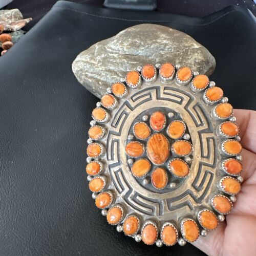 Navajo Orange Spiny Oyster Cluster Concho Belt Buckle | Sterling Silver | Authentic Native American Handmade | 16344