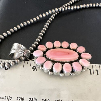Navajo Pearls Pink Conch Necklace with Multi-Stone Cluster Pendant | Authentic Native American Handmade | 16063