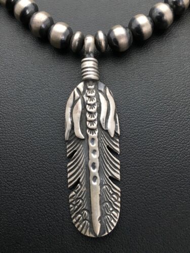 Navajo Pearls Feather Pendant Necklace | Sterling Silver | 16" | Authentic Native American Handmade | 17533