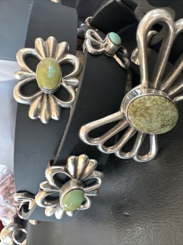 Men's Green Royston Turquoise Concho Belt | Sterling Silver Navajo Tufa | Authentic Native American Handmade | 16789