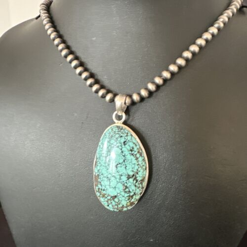 Men's Navajo Blue Spiderweb Turquoise Pendant Necklace | Sterling Silver | Authentic Native American Handmade | 16194
