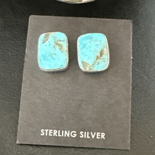 Navajo Blue Kingman Turquoise Post Stud Earrings | Sterling Silver | Authentic Native American Handmade | 17410