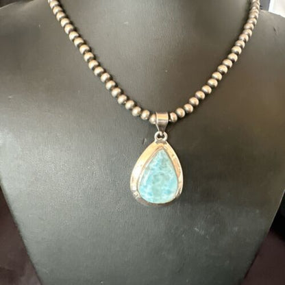 Navajo Blue Larimar Pendant Necklace | Sterling Silver Beads | Authentic Native American Handmade | 17562