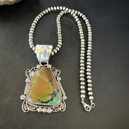 Navajo Men's Green Turquoise Necklace Pendant | Sterling Silver | Authentic Native American Handmade | 17529 - Masha USA