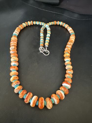 Navajo Orange Spiny Blue Turquoise Necklace | Sterling Silver | 23" | Authentic Native American Handmade | 17544