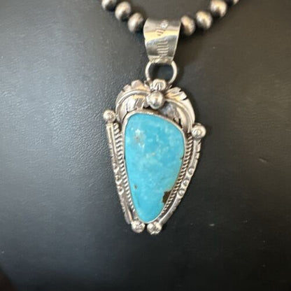 Navajo Kingman Turquoise Pendant Necklace | Sterling Silver | Native American Handmade | 15216 - Masha USA