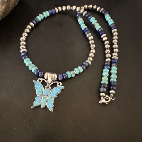 Navajo Butterfly Blue Opal Turquoise Inlay Pendant Necklace | Sterling Silver | Native American Handmade | 16760
