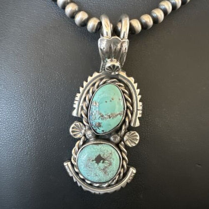 Navajo Blue Kingman Turquoise 2 Stone Cluster Pendant | Sterling Silver | Authentic Native American Handmade | 17634