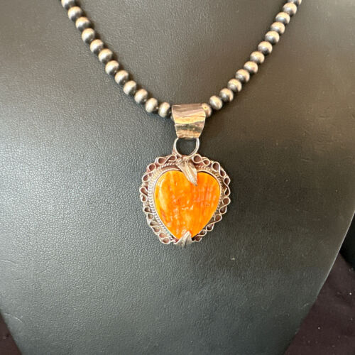 Navajo Orange Spiny Oyster Heart Pendant Necklace | Sterling Silver | Authentic Native American Handmade | 16295
