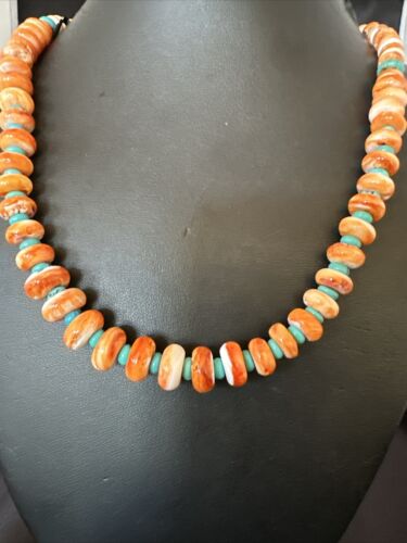 Navajo Orange Spiny Blue Turquoise Necklace | Sterling Silver | 23" | Authentic Native American Handmade | 17544