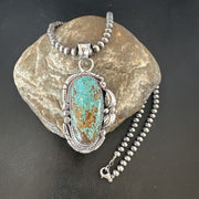 Navajo Blue Turquoise #8 Pendant | Sterling Silver Necklace with Pearls | Authentic Native American Handmade | 15903