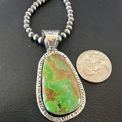 Navajo Green Gaspeite Pendant Necklace | Sterling Silver | Authentic Native American Handmade | 16359