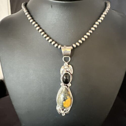 Men's Navajo Pearls Onyx Bumblebee Jasper Pendant | Sterling Silver | Multi-Stone Necklace | 15414