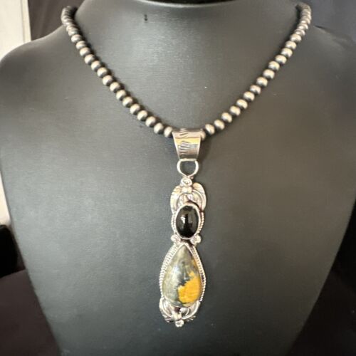 Men's Navajo Pearls Onyx Bumblebee Jasper Pendant | Sterling Silver | Multi-Stone Necklace | 15414