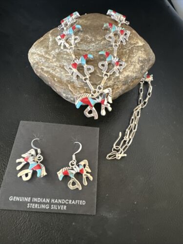 Navajo Turquoise Coral Mother of Pearl Horse Inlay Necklace & Earrings Set | Sterling Silver | Authentic Native American Handmade