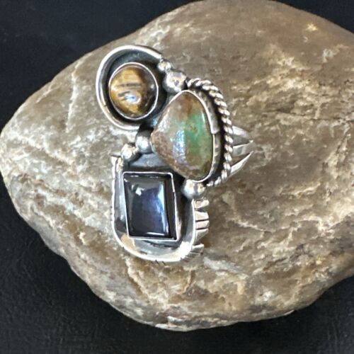 Navajo Blue Turquoise, Onyx, Tigers Eye Multi-Stone Cluster Ring | Authentic Native American Sterling Silver | Sz 10 | 14842