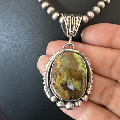 Navajo Green Gaspeite Pendant Necklace | Sterling Silver | Authentic Native American Handmade | 17425