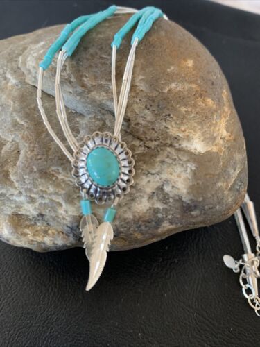 Girls Turquoise Liquid Heishi Necklace | 3-Strand Sterling Silver with Feather Pendant | 02049