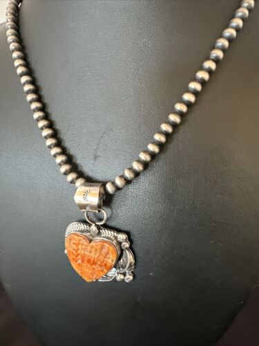 Navajo Orange Spiny Oyster Heart Pendant Necklace | Sterling Silver | Authentic Native American Handmade | 16422